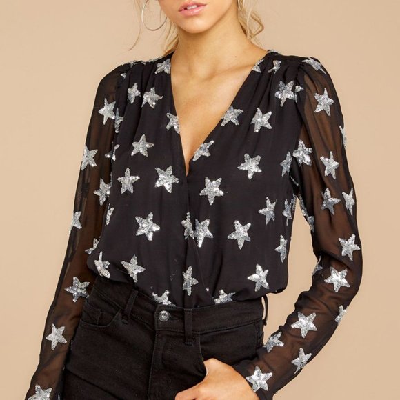 Buddy Love Tops - New Buddy Love Black & Silver Sequin Star Bodysuit